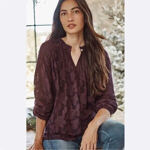J. Jill Ventana Dark Fig Popover Long Sleeve Blouse Career Jacquard Purple L